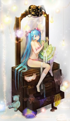 VOCALOID、初音ミク、鏡音リン、鏡音レン、orry、高解像度、非常に高い解像度、ブラ、ボー、ドレス、パンツ、リボン、ヘアボー、ぬいぐるみ、テディベア、ヘアリボン、ロングヘア、ウィッチハット、ニーハイソックス、バニーぬいぐるみ、chest