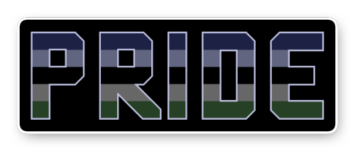 [image description: four block text banners of the word “pride” in a squared-off text, coloured in f