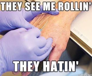 itsfreetofall:  theemslounge:  More like loathing. - Saber #rollingveins #iv #needles #poke  Tip #1: Use a bigger needle (if you can). A 20 or 22 will roll off the top but a 18 or 16 will be big enough to anchor that sucker down. Tip #2: On the elderly