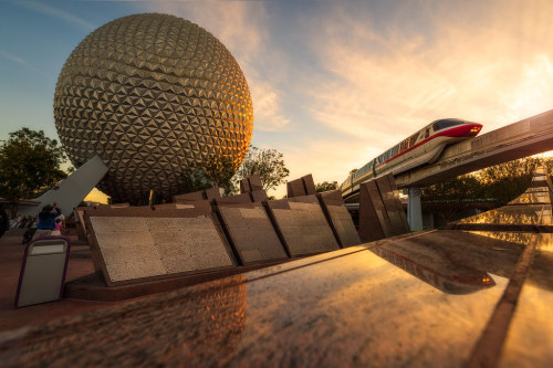 Reflections of Spaceship Earth and Monorail by TheTimeTheSpace Typically, when life gives me a puddl