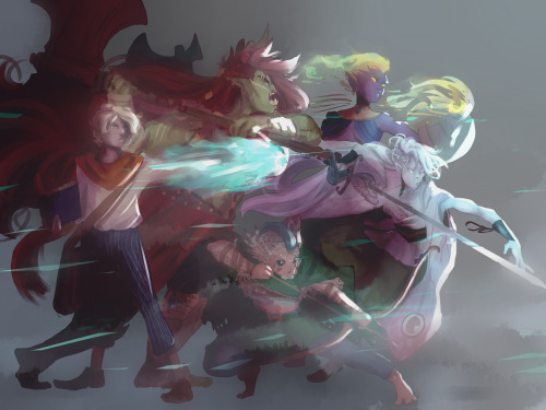 jen-iii:  I’ve had this group shot of our D&amp;D group as a wip for so long without really knowing where to go with it so here’s a messy painty version of it!