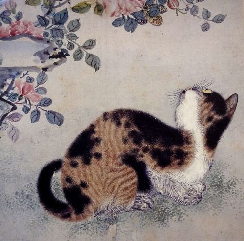 annedebretagneduchesseensabots:Cat Looking at Butterfly, by Byeon Sangbyeok (변 상벽) Korean,  Mid -18t
