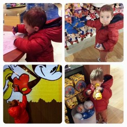 #berlinbenjamin at the Disney store. Typical Wednesday night. Watching Micky movies, coloring, window shopping and pretending to be a pirate