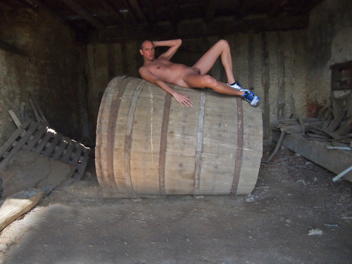 On a barrel.