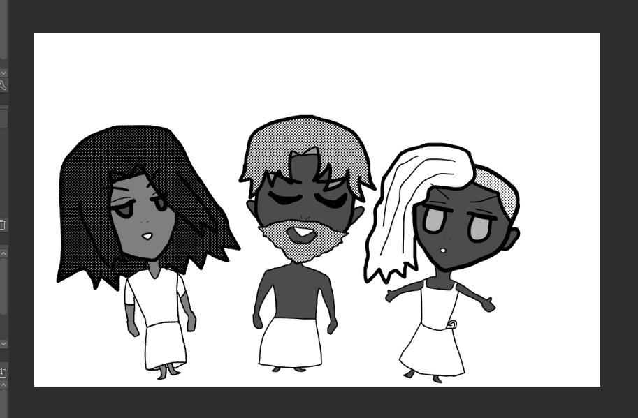chibi versions of antonio chandrani, dad ranvir chandrani, and raj chandrani wearing lungi. they are all in manga-toned grayscale; raj and ranvir have darker skintone than antonio, though he is implied brown in grayscale tone. ranvir has gray hair and antonio has darker hair while raj has white. antonio has an amused chibi look with brows furrowed, ranvir has closed eyes and a grin and looks like he's having a good time hanging around, and raj with silver eyes seems like he's discussing something intense with his arms thrown out.