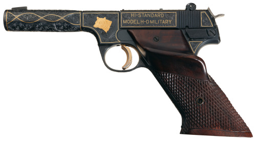 An engraved and gold inlaid Hi-Standard Model H-D Military .22 caliber target pistol.  Circa 1946.