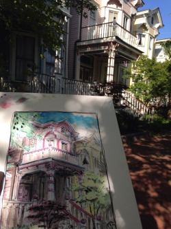 fhsart:I went out to draw some Savannah buildings today and turned my bikeseat into a portable studio.