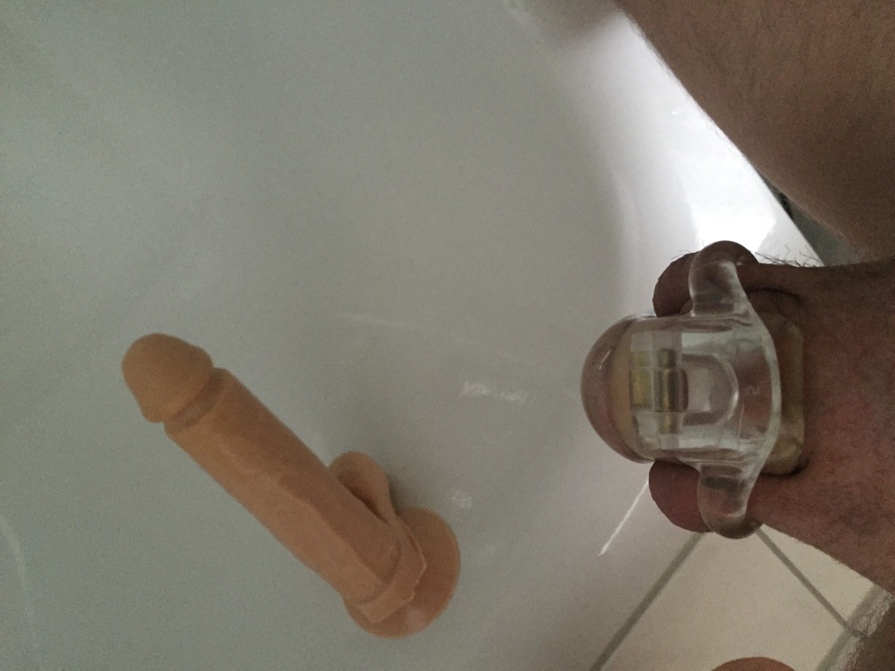 becomeingmine:  Getting in my Cage after shower and clean… And some dildoplay to