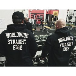 straightedgeamerica:  Hands down our favorite gym in California @riseabovefitness owned by an awesome dude @brandanschieppati . @xnickedgex &amp; @godfatherxusa in the new Worldwide Straight Edge hoodies! These were just released yesterday. We have a