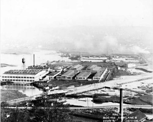 Aerial view of Boeing Airplane Co. plant on the west side of the Duwamish River, 1928