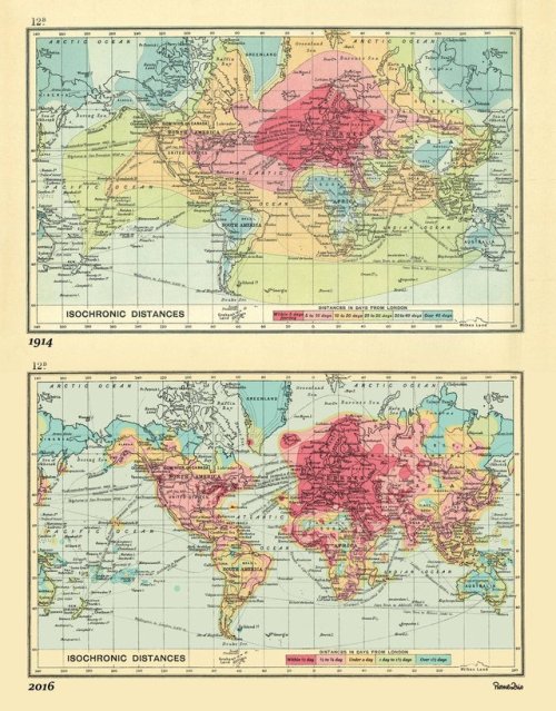 mapsontheweb:  Isochrone distances in days from London - 1914 vs 2016 (not the same scale).