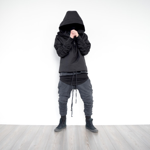 mxdvs:  BOY IN HOOD  Half zip up pullover bomber, Askyurself Raw fleece S/S shirt, Askyurself Round Tee, Favela Battered fleece pants, Askyurself Black on black All Stars, Converse   Look by @MXDVS 