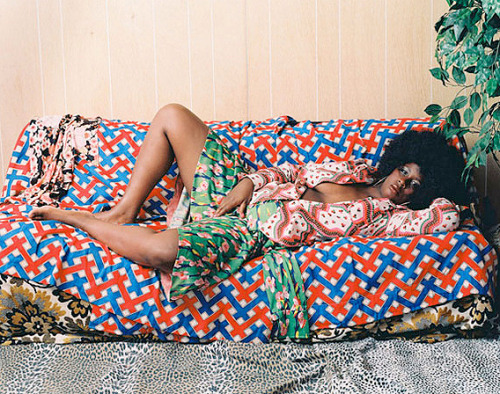 lesbianartandartists:Mickalene ThomasAfro Goddess With Hand Between Legs, 2006C-print. 48 x 60 inche