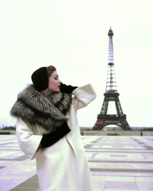 Suzy Parker; at the Eiffel Tower, Paris; photo for Elle by Georges Dambier, 1954.