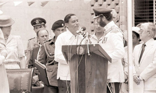 Belizegained independence on September 21st,1981.  Here, Prime Minister George Price [right] accepts