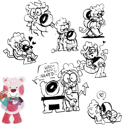 truff & puff sketchbook content :) [image ID: 3 scans featuring ink sketches of two cartoonish O