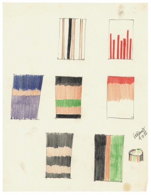 Ettore Sottsass, design drawing for enamel and the result, enamelled copper vases. From the exhibiti