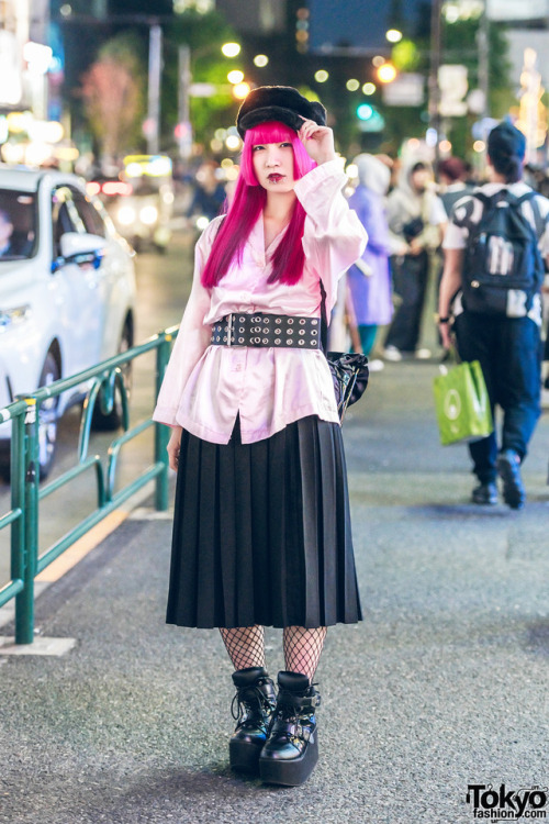 19-year-old Japanese fashion student Ranochan on the street in Harajuku with pink hair and piercings