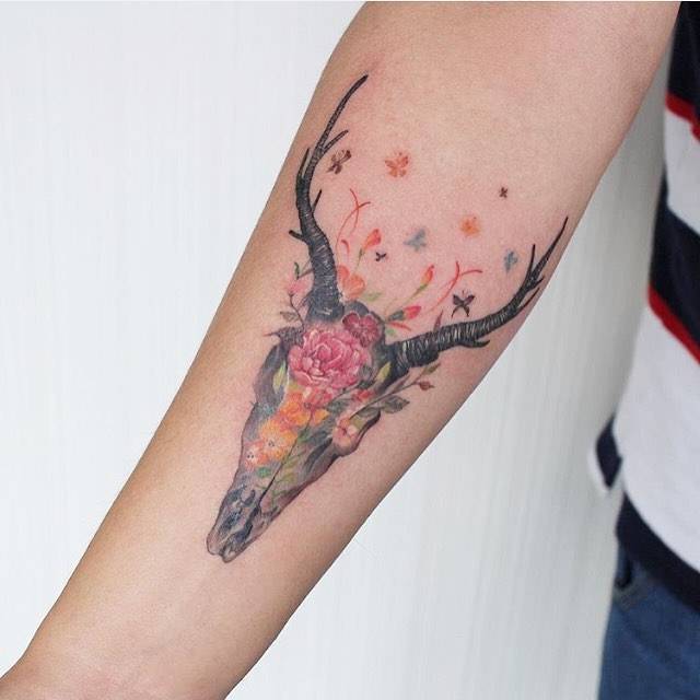 Little Tattoos Floral Deer Skull Tattoo On The Right Forearm