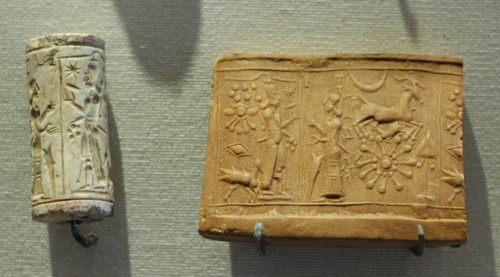 Limestone cylinder-seal from Mesopotamia, depicting the worship of the sun-god Shamash.  Artist