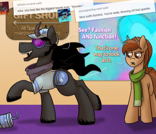 ask-king-sombra:  LET’S GET READY TO LEEEARNNN((Featuring ask-ickle-muse‘s Flugeltoot and askopalescentpearl!))  I’m surprised he didn’t crack up at hearing the name for the “fannypack”. <w<