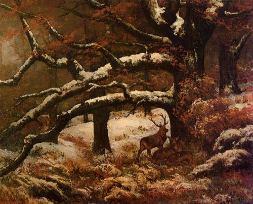 artist-courbet:Deer Shelter, 1868, Gustave CourbetMedium: oil,canvas