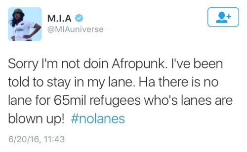 [Tweets by M.I.A:First tweet: “@MIAUniverse Well said MIA…had enough of fundamentalist separa