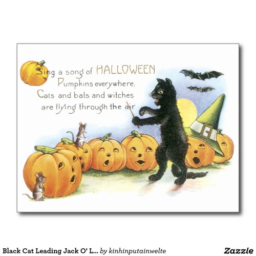 Black Cat Leading Jack O’ Lantern Halloween Choir Postcard - $1.10 Made by Zazzle Paper The ch