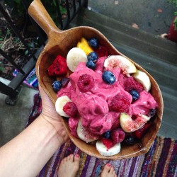 happylittleveganmite:  Ice cream for breakfast all day everyday. Papaya and raspberry dream nice kream, topped with mango, dragon fruit, fresh raspberries, banana and blueberries. 