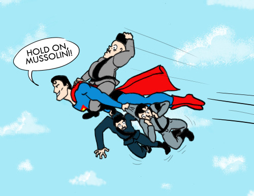 Based off of the comic strip where Superman flies Hitler and Stalin to the UN to answer for their cr