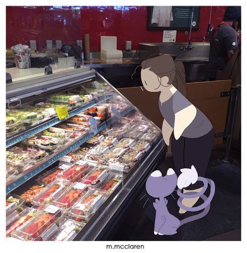 Glameow belongs to Pokemon . Artwork by Meredith McClaren[Description: A photo of the sushi counter 