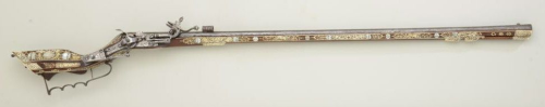Ornate pearl, ivory, and bone inlaid wheel-lock tschinke originating from Eastern Europe, 17th centu