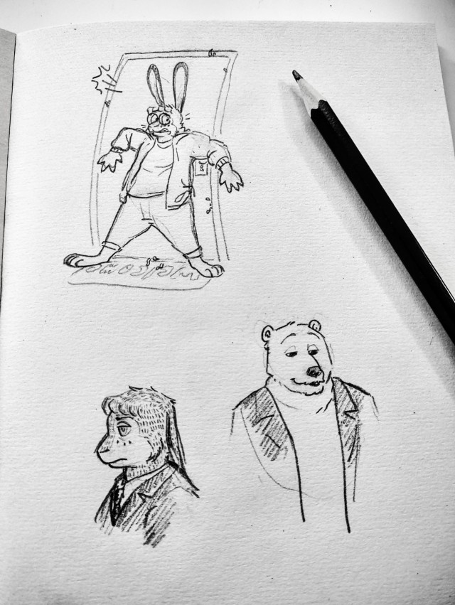 Three pencil sketches on one page, two of Martin as a humanoid hare, one of Peter Lukas as a humanoid polar bear. The first Martin is leaning all his weight against a bulging door, while worms sneak through. He looks panicked. He wears round glasses, a zipper hoodie and pants with rolled up cuffs. A mat reading 'welcome' lies under his feet. The second Martin is drawn as a bust. His expression is cold, his eyes grey, his long ears straight down his back. He wears a dark suit and tie. The third sketch, Lukas, is drawn as a bust. He looks condescending and wears a dark coat. The lines of his lips are drawn as to suggest a mustache and beard.
