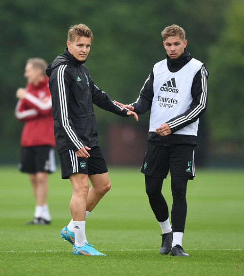 Martin Odegaard and Emile Smith Rowe of Arsenal during a training session at London Colney on May 15