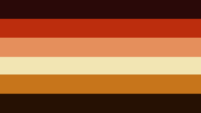 A flag with six horizontal stripes. From top to bottom, their colours are: dark red, reddish-orange, light orange, yellow, orange, dark brown