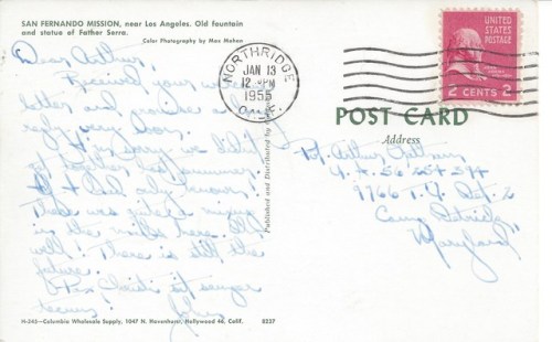 Postcard: San Fernando Mission, near Los Angeles.Postmarked 13 January 1955.