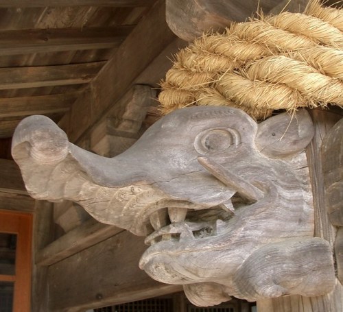 Baku (gajasimha) carving on Shinto Shrine, Japan.Images of Baku are frequently placed under the eave