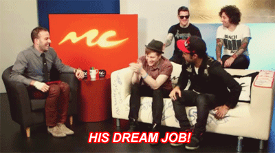 alymunster:  alyisdead: Before Fall Out Boy, what were your dream jobs?  reblogging myself because it always makes me laugh; Pete’s face when he remembers Patrick’s dream job, and Patrick is probably screaming bloody murder inside because Andy outted