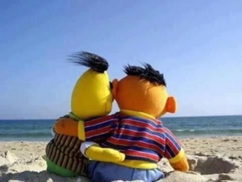 [ID: Photo of Bert and Ernie sitting on the beach with their arms around each other’s backs. T