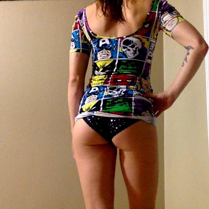 aprilsbody:  This is Marvel comics dress, and my star panties…like what you see?