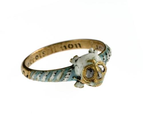 centuriespast:Ring of gold enamelled in pale blue, white and black and set with diamonds, decorated 