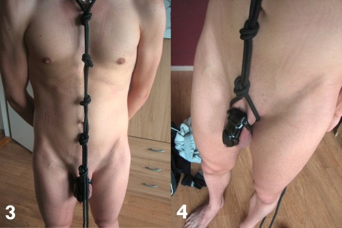 g-spot-licker:  scoutpupp:  gayboykink:  the-kinky-bf:  Rope tutorial #1:For this harness, use a rope that is +/- 12-15 meters. 1. Find the middle of the rope and tie two knots from there on: get a small loop at the end and the space between the two knots