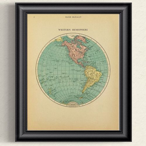 Original awesome graphics of the Western Hemisphere from 1915 in muted pastel colors on heavy, thick