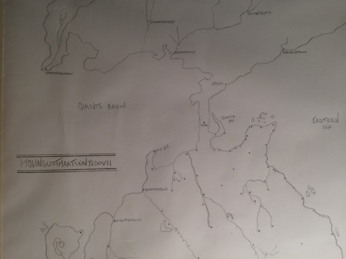 Map of the continent Holingustmaatsenylsovii (anagram of the villain is amongst you) done in pencil 