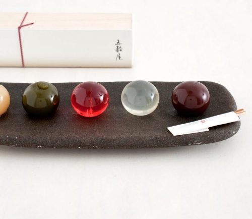 Japanese youkan jelly balls with traditional flavours like matcha, sake, apple vinegar, white miso, 