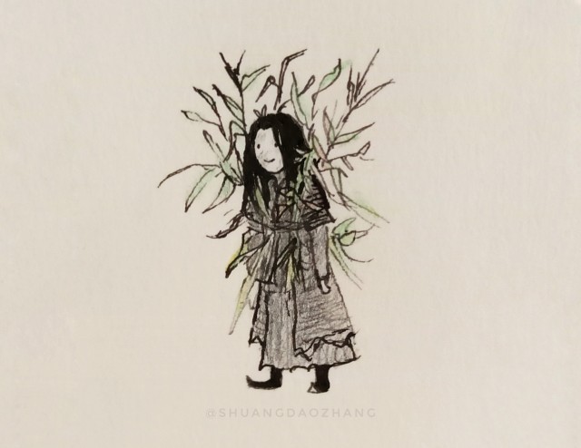 A tiny drawing of Wen Ning wearing his very scary plant monster disguise and a sweet smile.