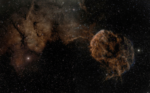just–space:  Sharpless 249 and the Jellyfish Nebula : Normally faint and elusive, the Jellyfish Nebula is caught in this alluring telescopic mosaic. The scene is anchored right and left by two bright stars, Mu and Eta Geminorum, at the foot of