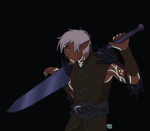 curiouslavellan:thaliavellan:Tiny glowing boyfriend [ID: animated fanart of Fenris in a dark setting