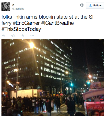 socialjusticekoolaid:  HAPPENING NOW (12/4/14): Protesters are converging on the Staten Island Ferry, attempting to reach the location of Eric Garner’s death on Staten Island. #thisendsnow #staywoke 