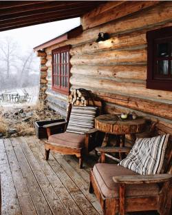 upknorth: Wood cabin, wood deck, wood chairs.